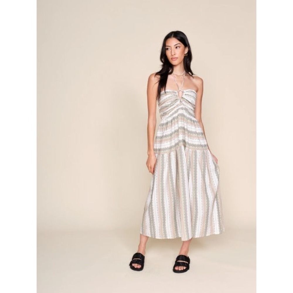 DRA Los Angeles Chienti Striped Halter Midi Dress Womens Medium Cotton White